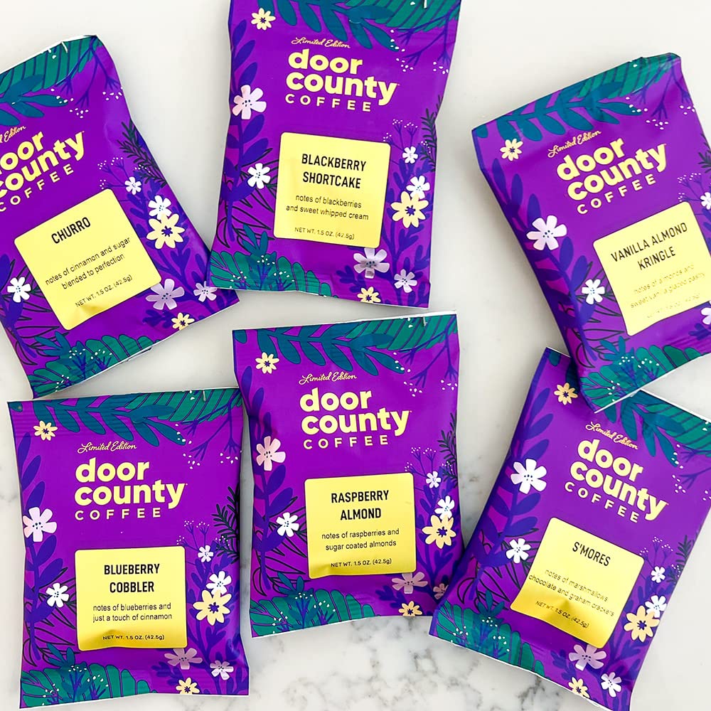 Gourmet Flavored Coffee Sampler Pack - 10 Unique Spring & Summer Flavored Coffees - Premium Roast by Door County Coffee - Perfect for Office, Home Brewing & Gifts