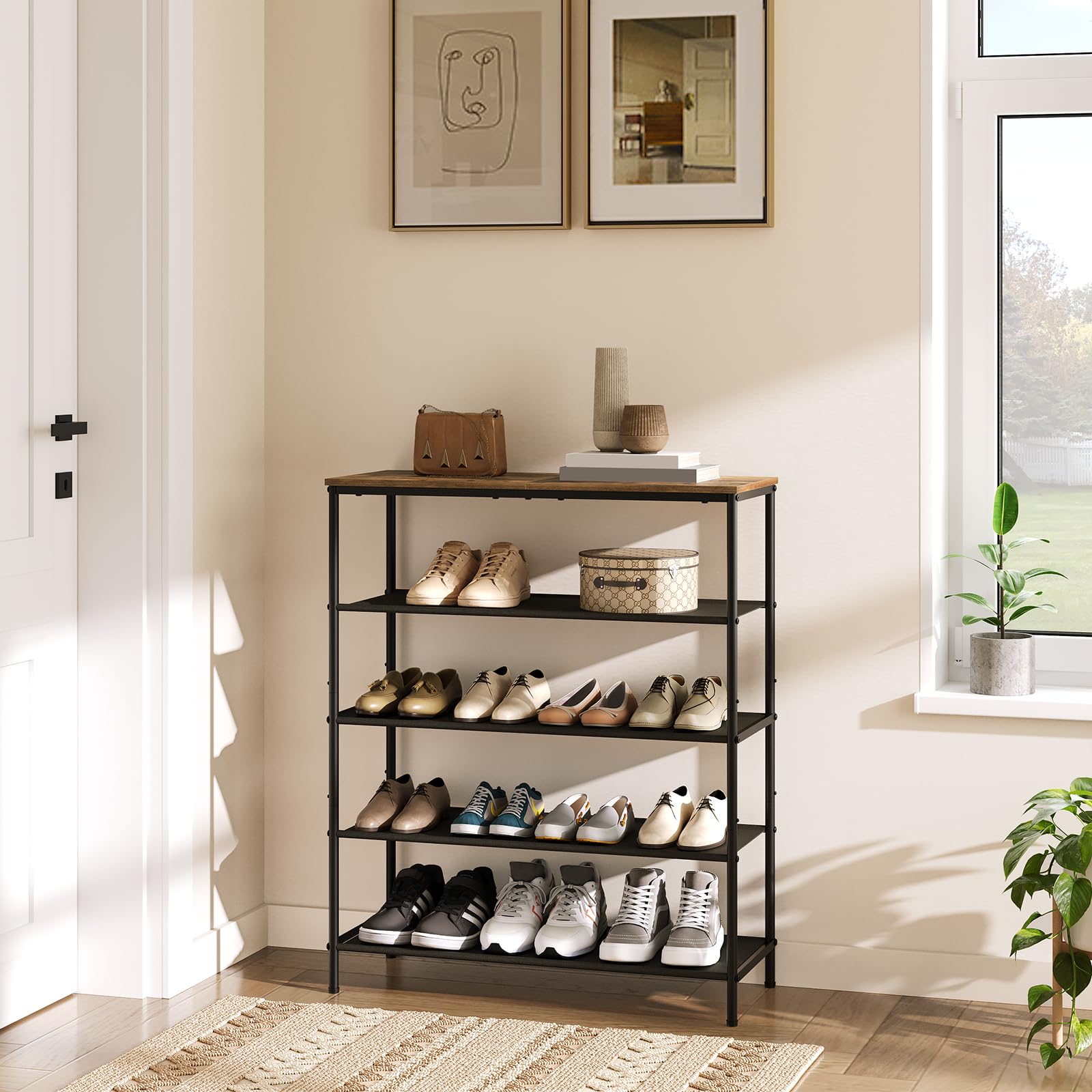 5-Tier Free Standing Shoe Rack with Wooden Top - Shoe Storage Organizer for Entryway, Closet & Bedroom - Holds 16-20 Pairs of Shoes - Rustic Brown SS15BR - Perfect for Small Spaces & Home Organization