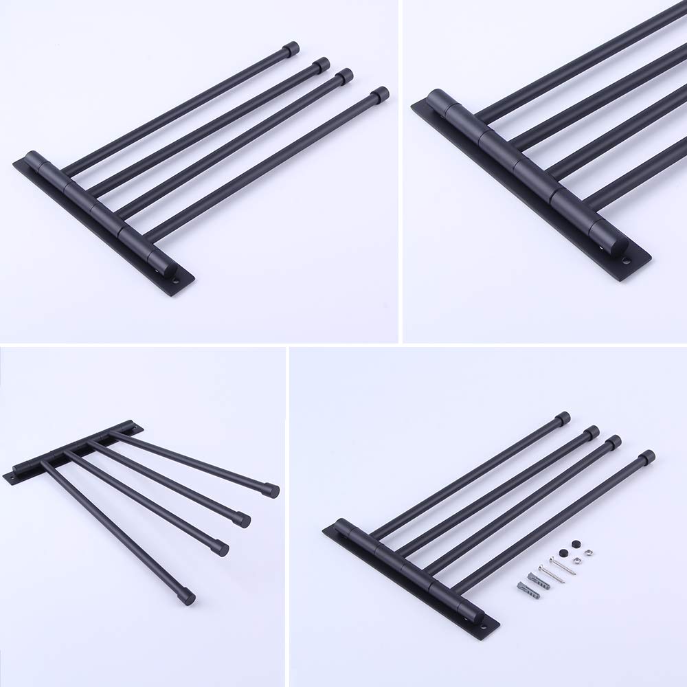 GERZWY 4-Arm Swivel Towel Bar - 304 Stainless Steel Bathroom Swing Hanger, Space Saving Wall Mount Towel Rack Holder & Storage Organizer in Matte Black (HYG04-BK) - Perfect for Small Bathrooms, Laundry Rooms & Spa Areas