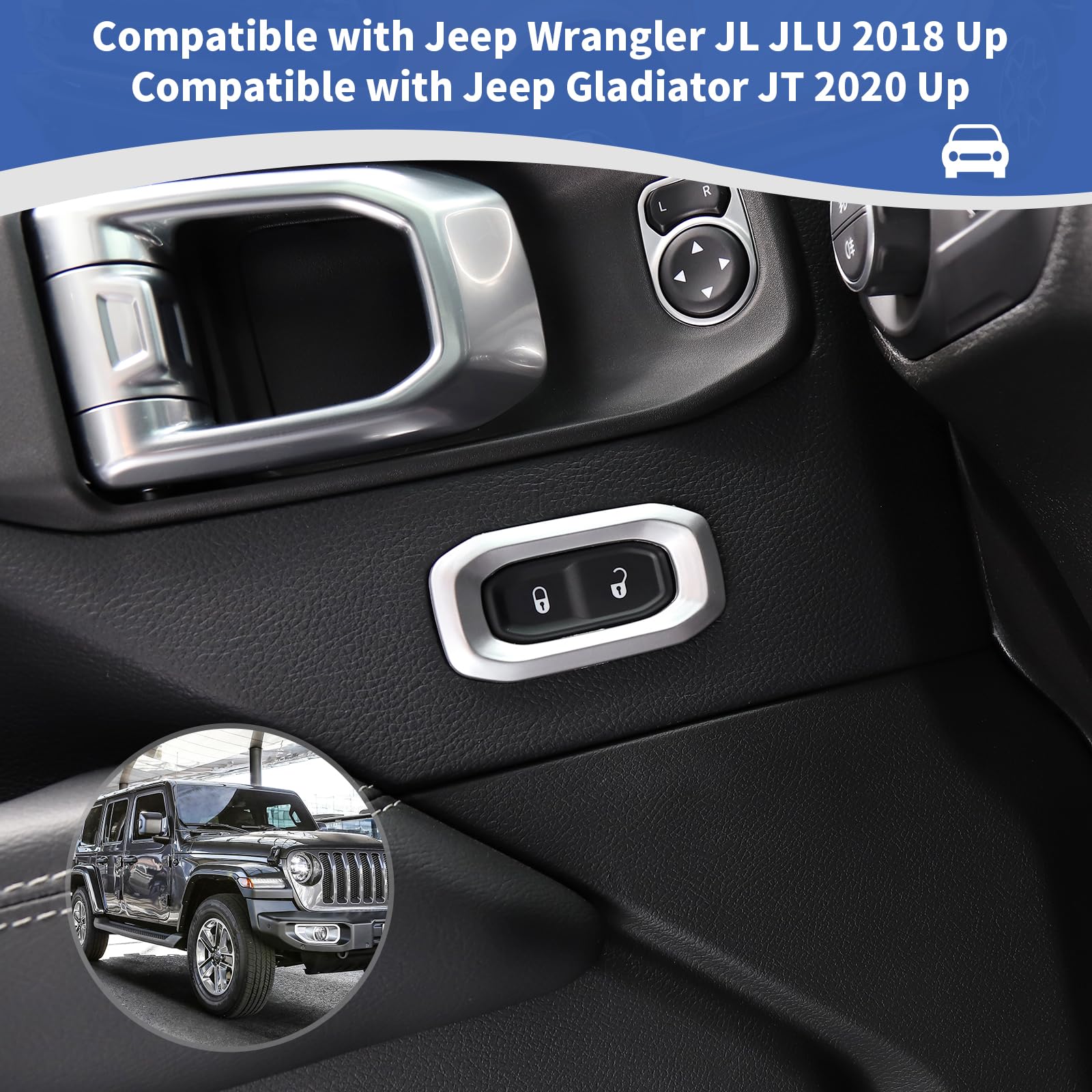 Jeep Wrangler JL JLU & Gladiator JT Door Lock Switch Button Trim Cover (2018-2024) - Silver Interior Accessories (2-Pack) | Premium Upgrade for Enhanced Cabin Style & Protection