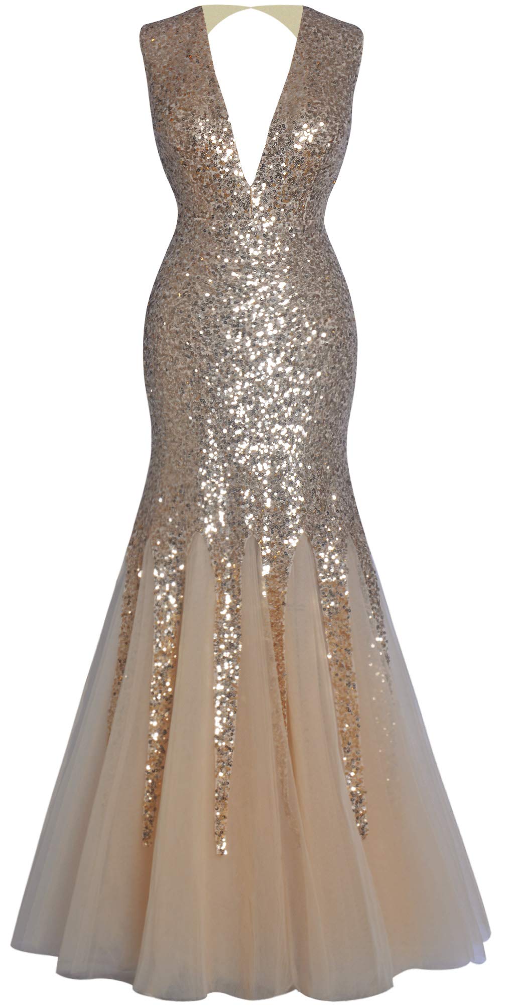 Fazadess Women's Sleeveless Deep V Neck Tulle Sequins Evening Dress - Elegant Prom, Wedding, Party Gown for Special Occasions
