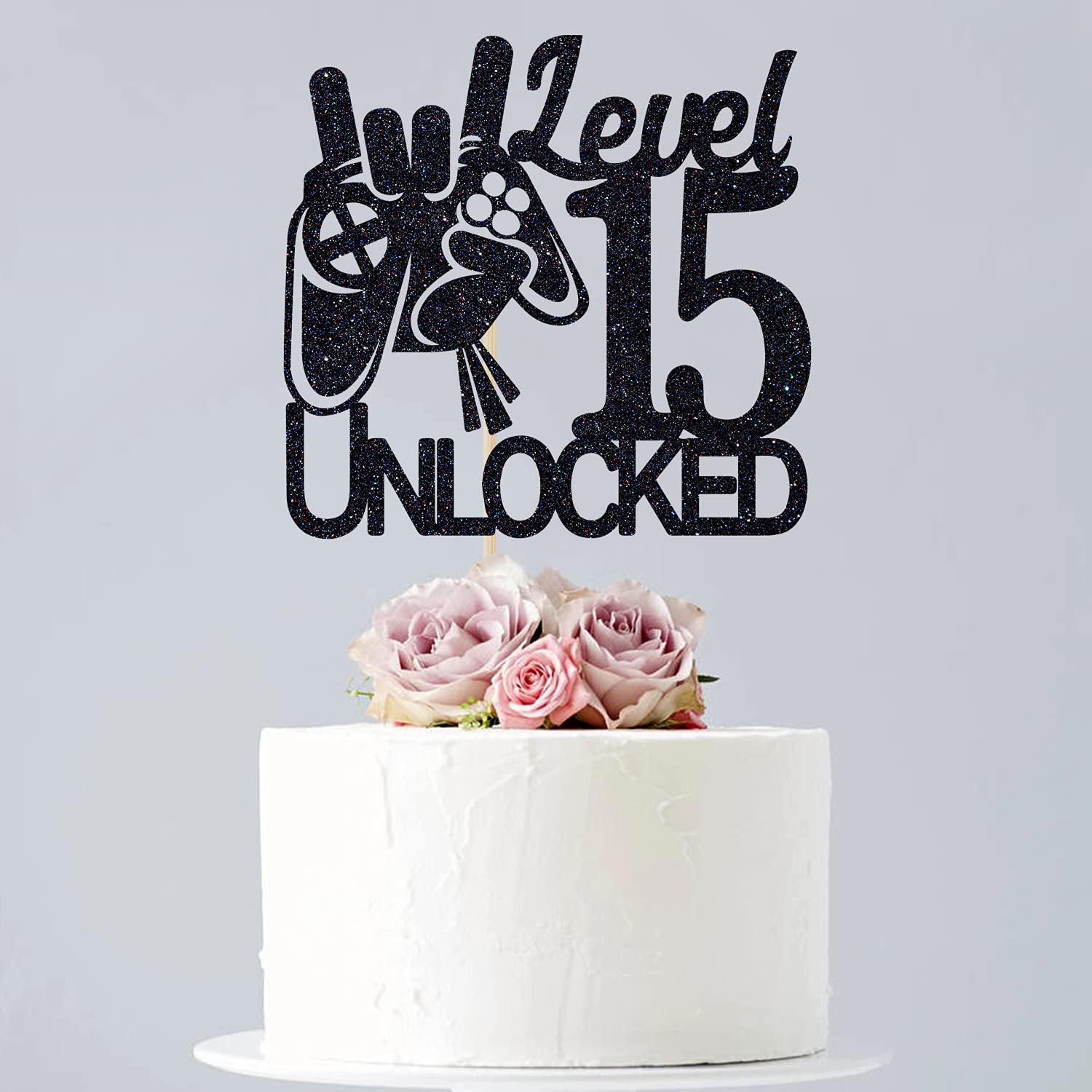 15th Birthday Cake Topper - Video Game Level 15 Unlocked Black Glitter Decoration for Boys | Level Up Winner Party Supplies | Perfect for Gaming Themed Birthday Cakes and Celebration Decorations