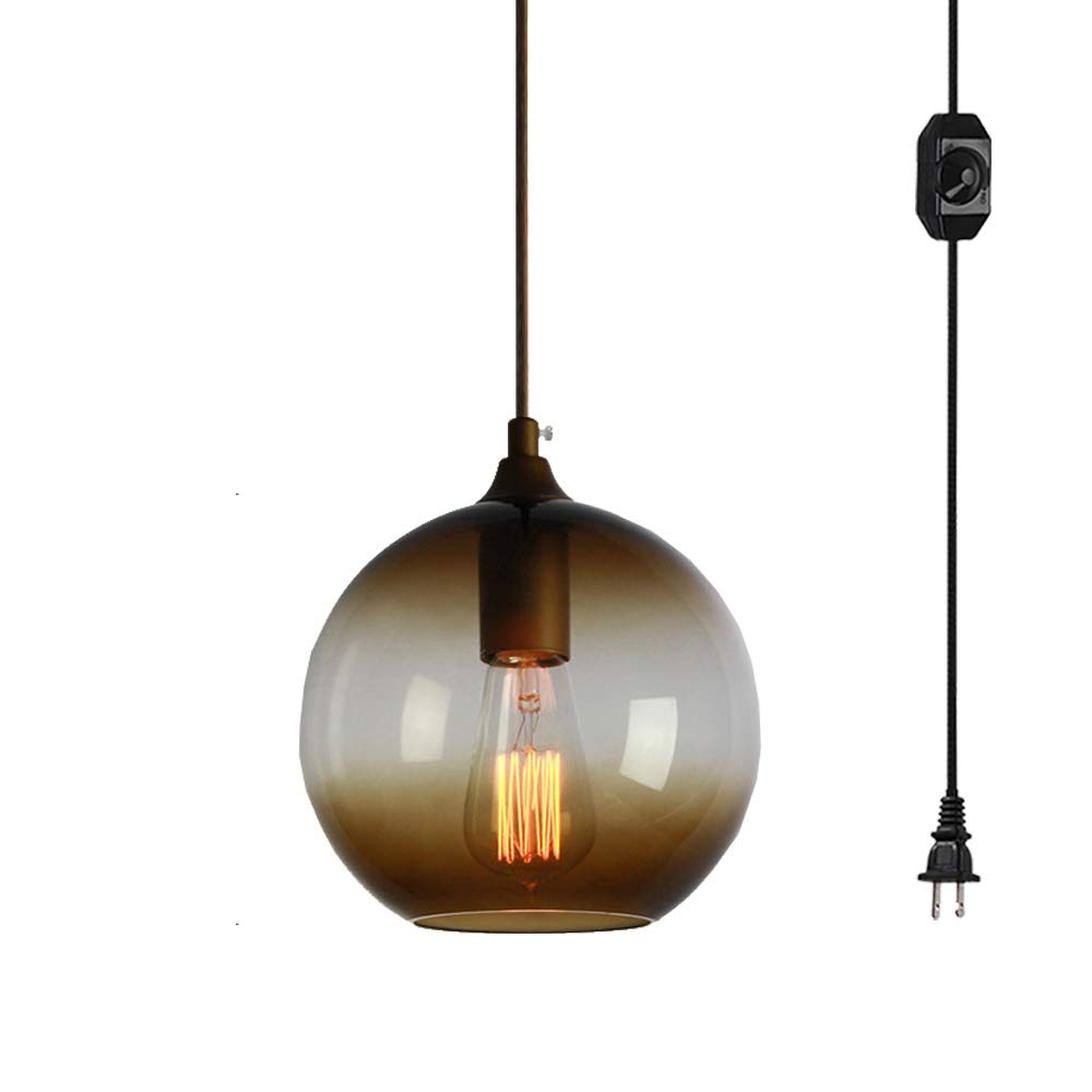 ANYE Crystal Gradient Brown Glass Shade Pendant Light - 15ft Plug-in Cord with UL Listed On/Off Dimmer Switch - Vintage Retro Chandelier for Loft, Dining Room, Bedroom Decor (Bulb Sold Separately)