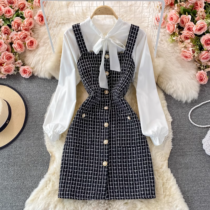 Elegant Autumn Bow Knot Blouse & Plaid Suspenders Dress 2-Piece Set 1387 | Women's Fashion Outfit for Fall, Office Wear & Special Occasions