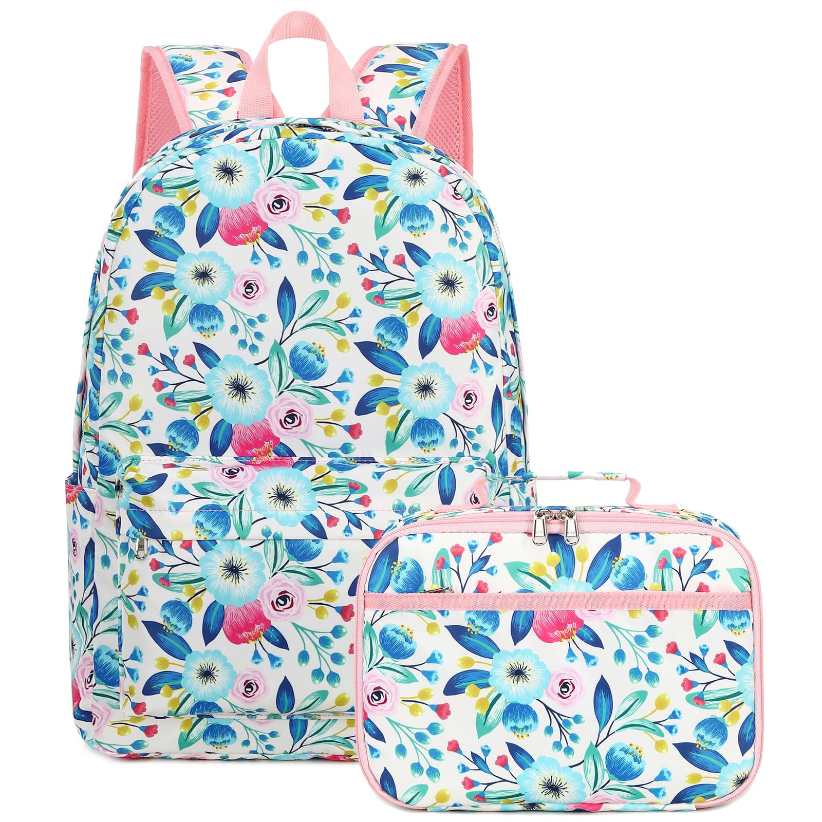 Biesena.h Cute Flower Print Backpack for Girls - Waterproof School Backpack Set with Lunch Box - Perfect for Kindergarten, Toddler, and Elementary Students - Great for School, Travel, and Outdoor Adventures