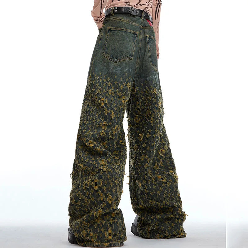 Vintage High Waist Straight Leg Jeans for Men - American Retro Wide Leg Casual Pants with Irregular Hole Design (Style 24E1290) | Perfect for Streetwear, Everyday Fashion & Urban Outfits