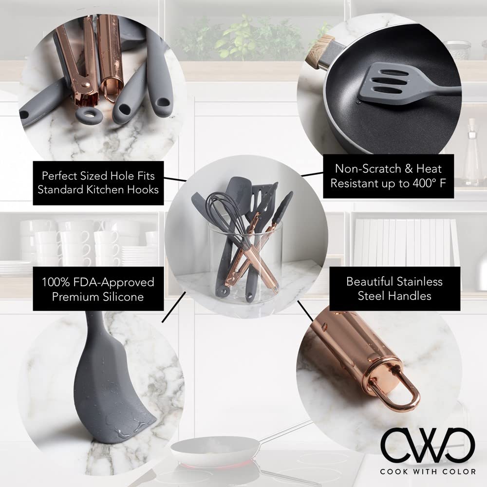 COOK WITH COLOR Silicone Cooking Utensils Set - Easy to Clean, Nonstick Kitchen Gadgets, Mini Gray Utensils for Baking, Frying, and Everyday Cooking