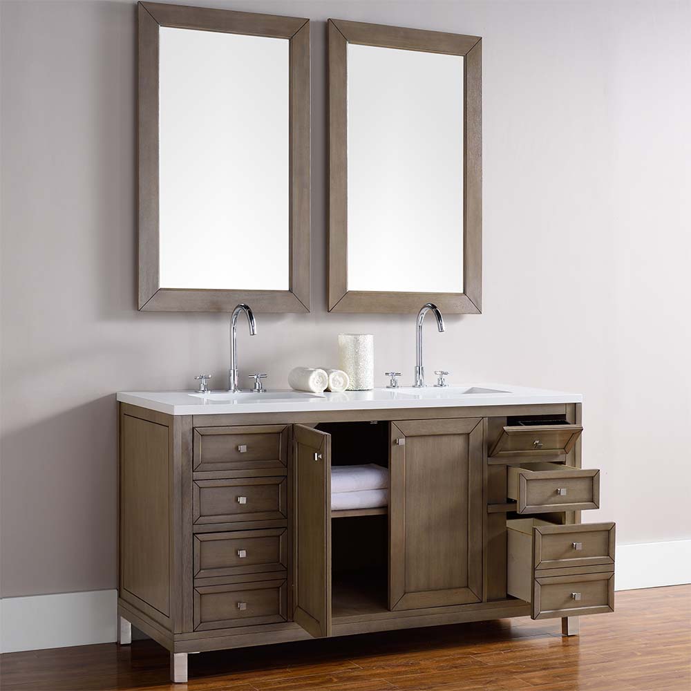 James Martin Vanities Chicago Collection 60-inch Double Bathroom Vanity in Whitewashed Walnut with Optional Countertops - Perfect for Master Bathroom Renovation and Modern Home Decor