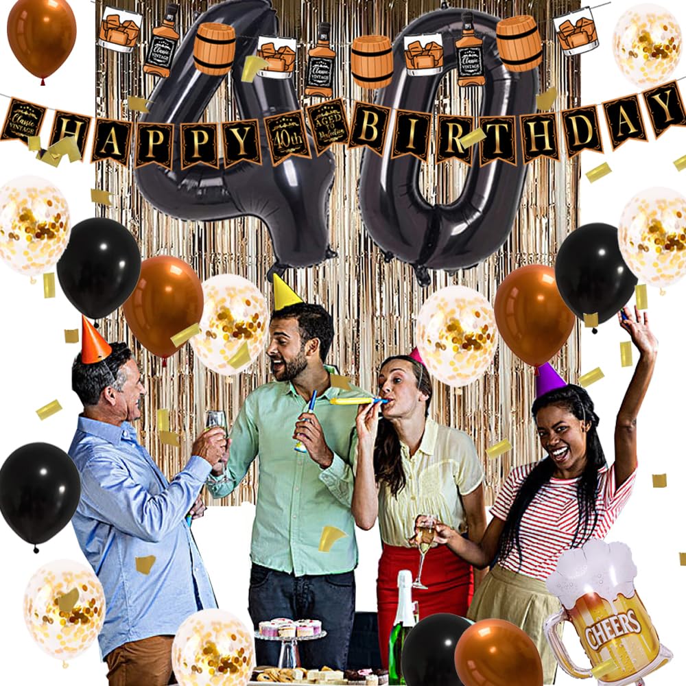 Whiskey Themed 40th Birthday Party Decorations for Men - Aged to Perfection Set with Foil Balloons & Banner | Perfect for Whiskey Lover's Milestone Celebration & Man Cave Decor