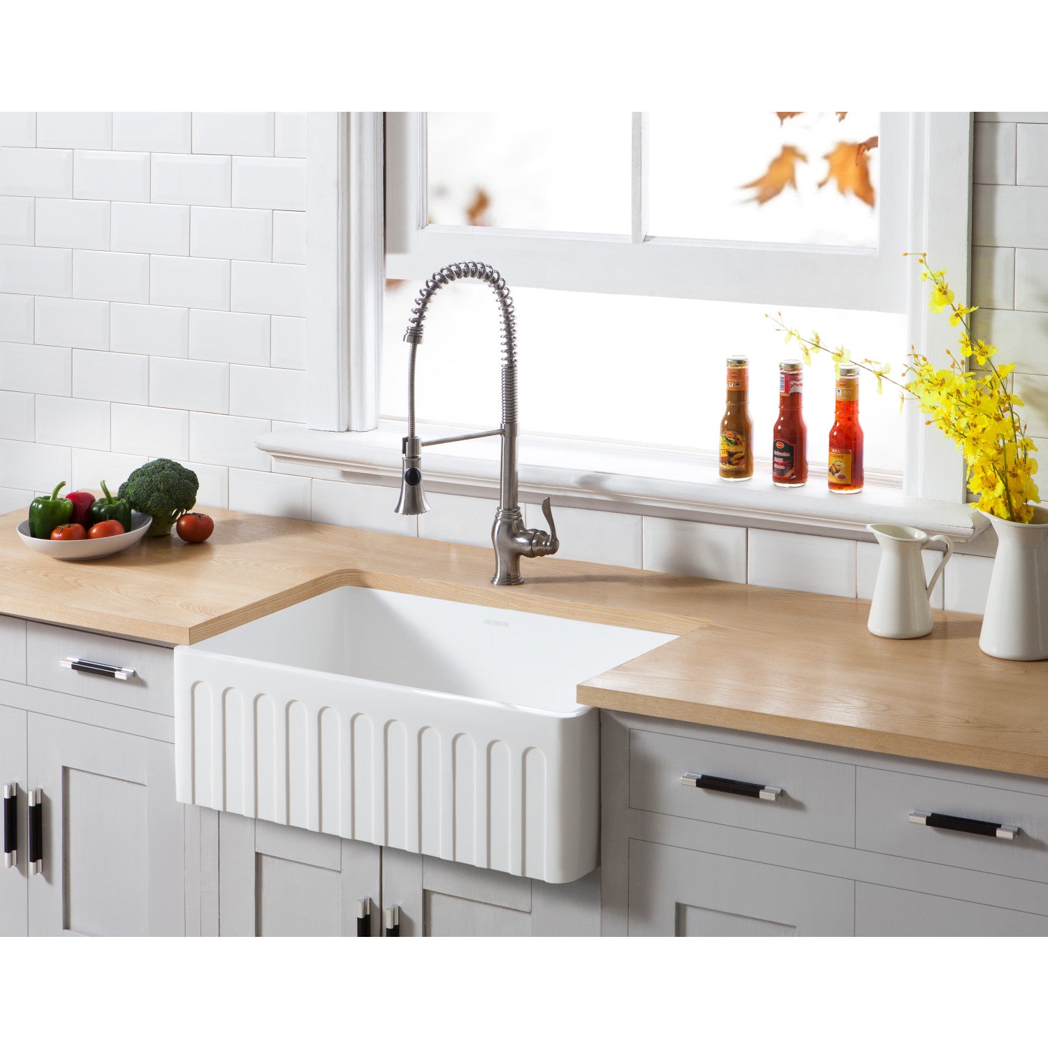 Arcticstone GKFA301810CD 30 Inch White Farmhouse Kitchen Sink - Matte Finish Solid Surface Apron Front Single Bowl with Strainer | Perfect for Modern Farmhouse & Rustic Kitchen Designs