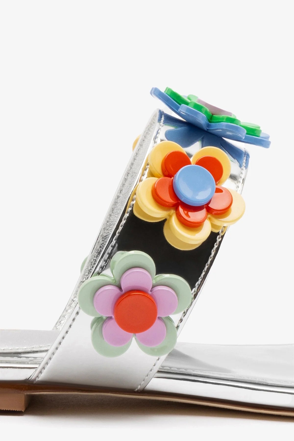 Larroudé x Gabriela Noelle Blossom Flat Sandals - Silver Specchio & Multicolor Acrylic Women's Summer Shoes | Perfect for Beach Vacations, Weddings & Casual Outings