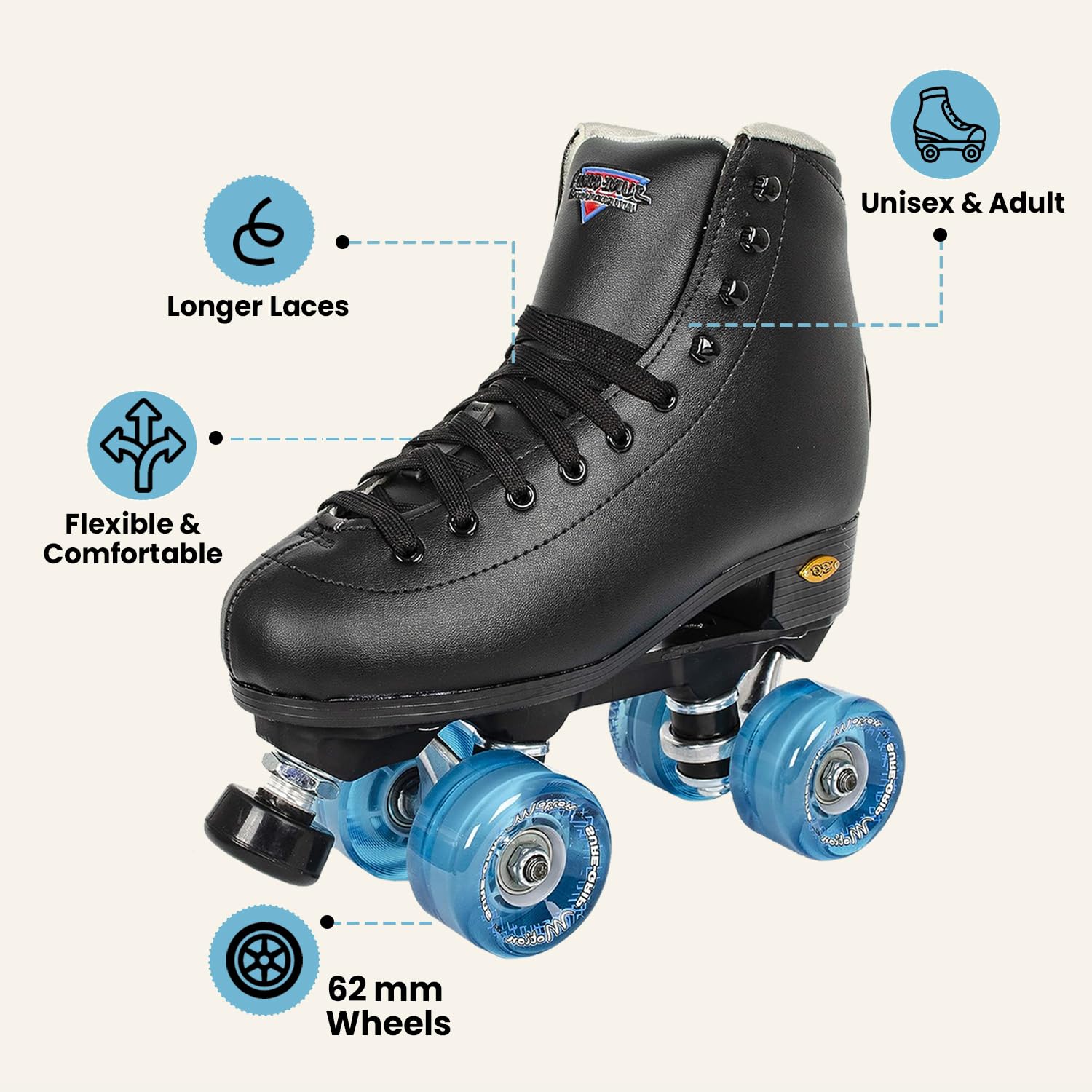Sure Grip Fashion Fame Unisex Outdoor Roller Skates - Premium Leatherette Construction, Adjustable Rubber Toe Stop, 78A Soft Outdoor Wheels & Durable Nylon Rock Plates - Black & Blue - Perfect for Park Trails, Fitness Skating & Urban Adventures
