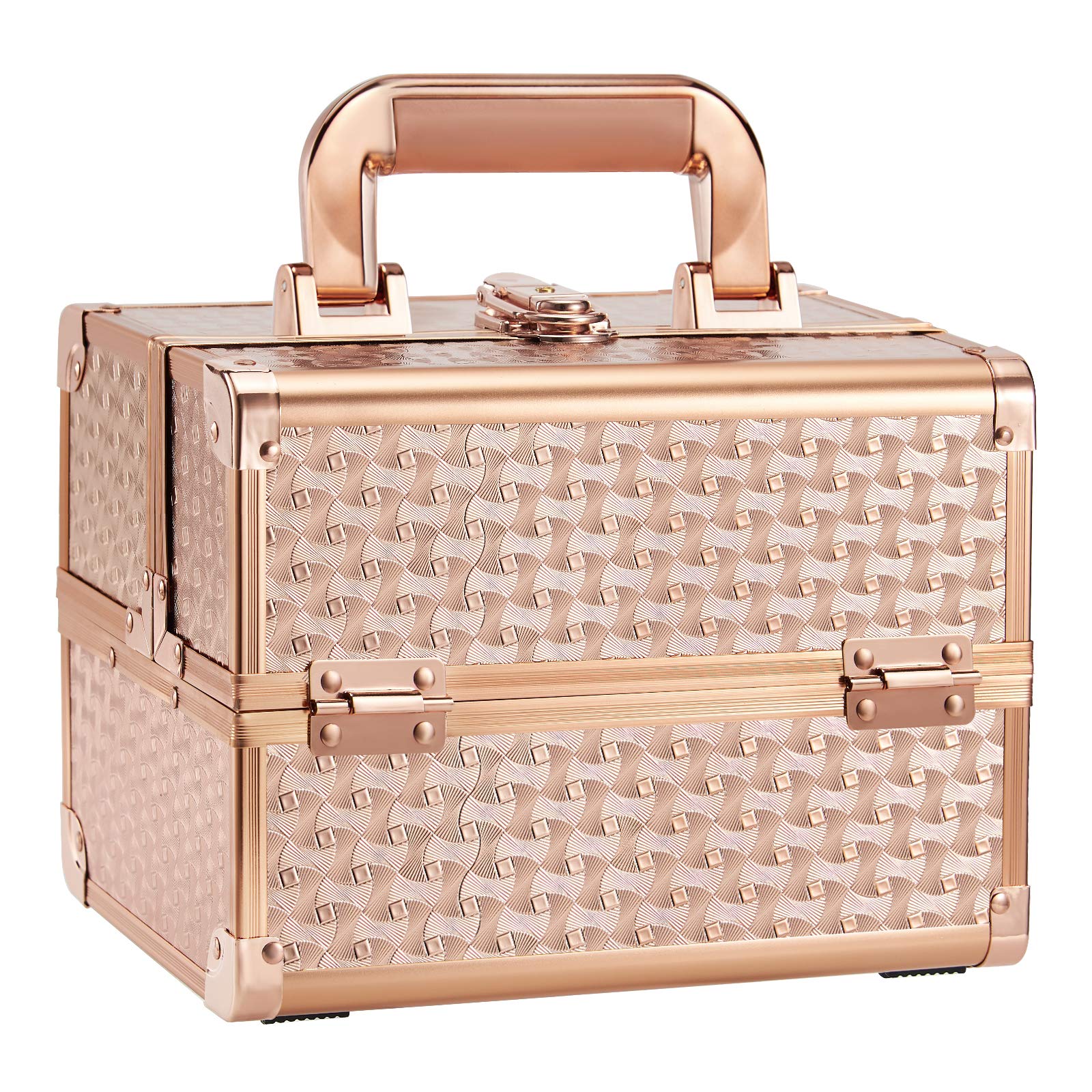 Joligrace Beauty Makeup Train Case - Portable Cosmetic & Jewelry Organizer with Lock, Keys & Mirror | 2-Tier Storage Box with Handle | Rose Gold | Perfect for Travel, Salon & Home Organization
