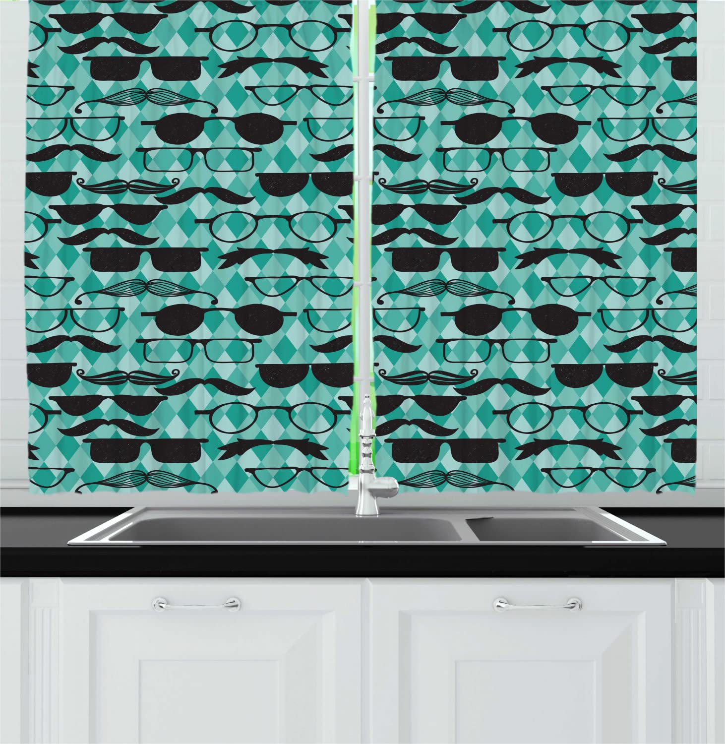Ambesonne Hipster Long Kitchen Curtains - Mustache & Glasses Masculine Art Design, 2 Panel Rod Pocket Drapes, 55