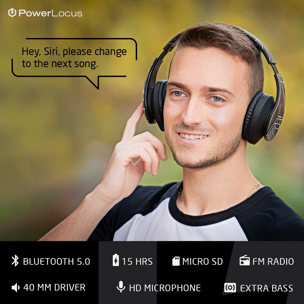 PowerLocus Bluetooth Over-Ear Headphones with Built-in Mic - Wireless & Wired Foldable Stereo Headset, Compatible with iPhone, Samsung, iPad, PC - Features Micro SD/TF & FM - Perfect for Gaming, Travel, Work & Music (Camo)