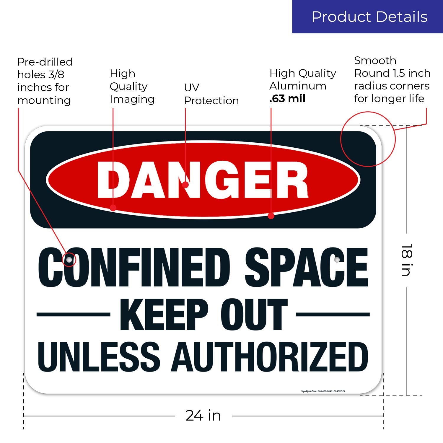 Danger Confined Space Keep Out Unless Authorized Sign - OSHA Compliant 18x24 Inch Rust-Free Aluminum Safety Sign | Fade Resistant for Indoor & Outdoor Use | Made in USA | Perfect for Construction Sites, Warehouses & Industrial Areas