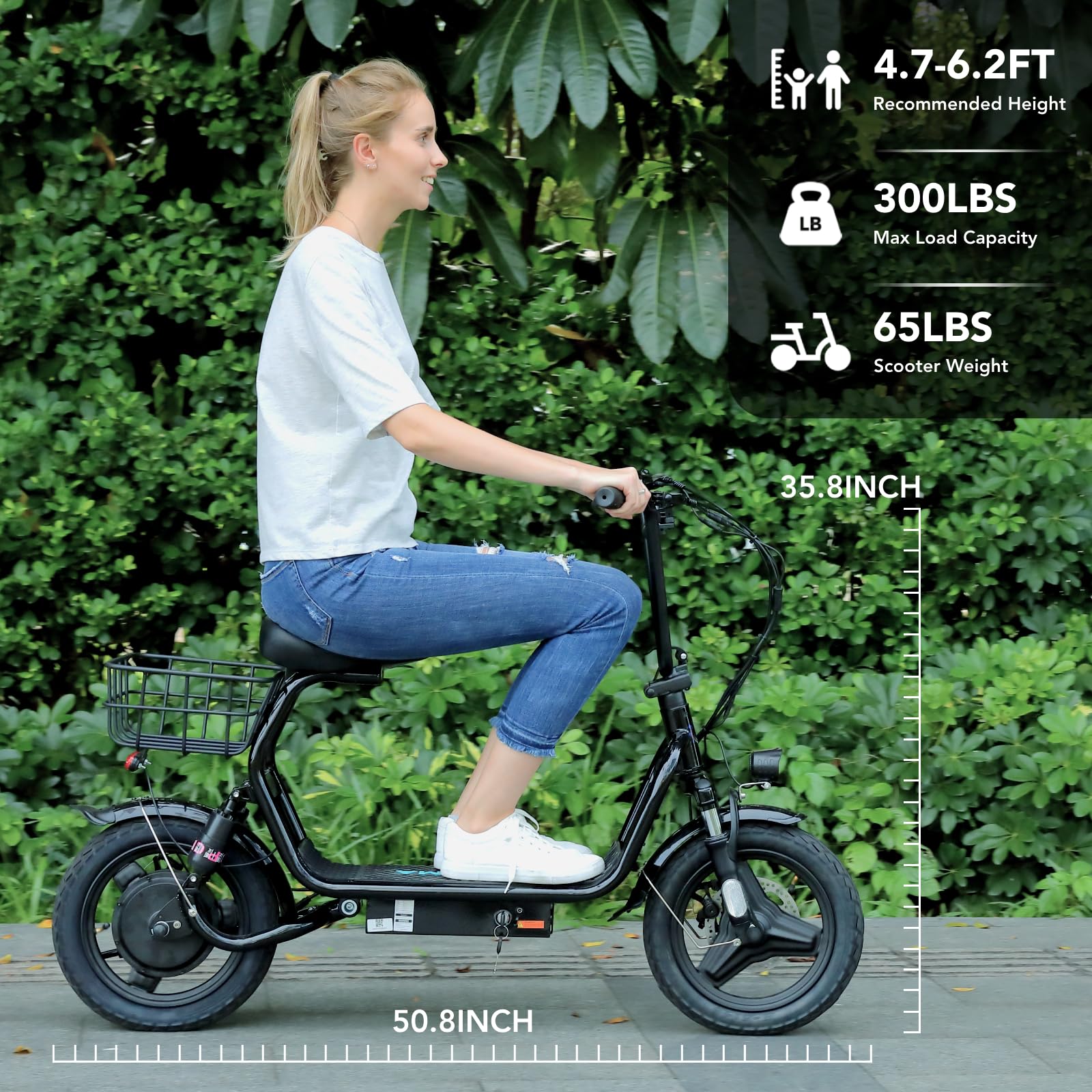 Caroma Peak 1200W Foldable Electric Scooter with Seat - 14 Inch Fat Tire Adult E-Scooter, 500Wh Battery for 30 Mile Range & 20 MPH Speed - Perfect for Commuting, Shopping & Urban Travel with Basket & Shock Absorption