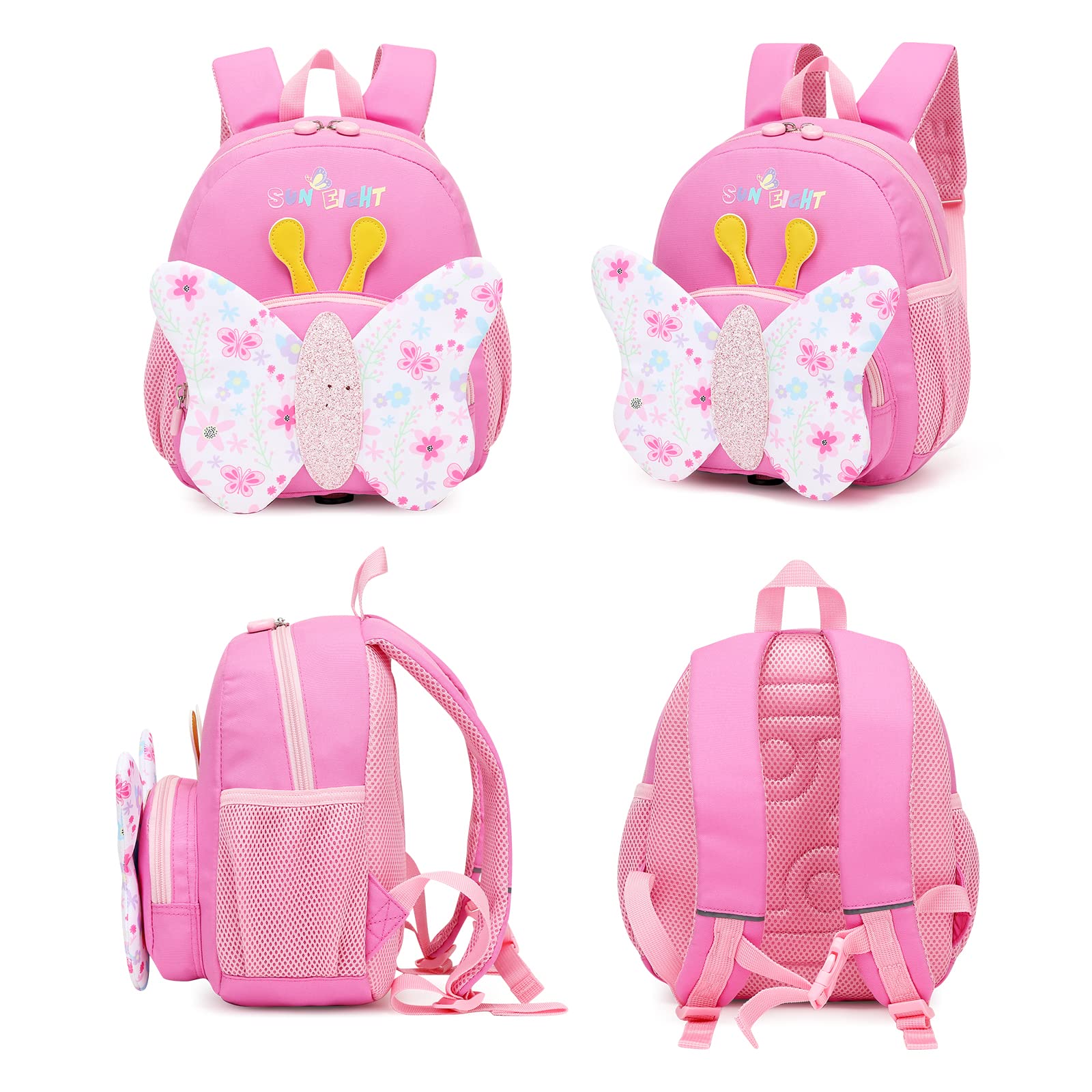 SUN EIGHT Toddler Backpack with Anti-Lost Harness - 3D Cartoon School Bag for Girls 1-4 Years (Butterfly) - Perfect for Preschool & Daycare