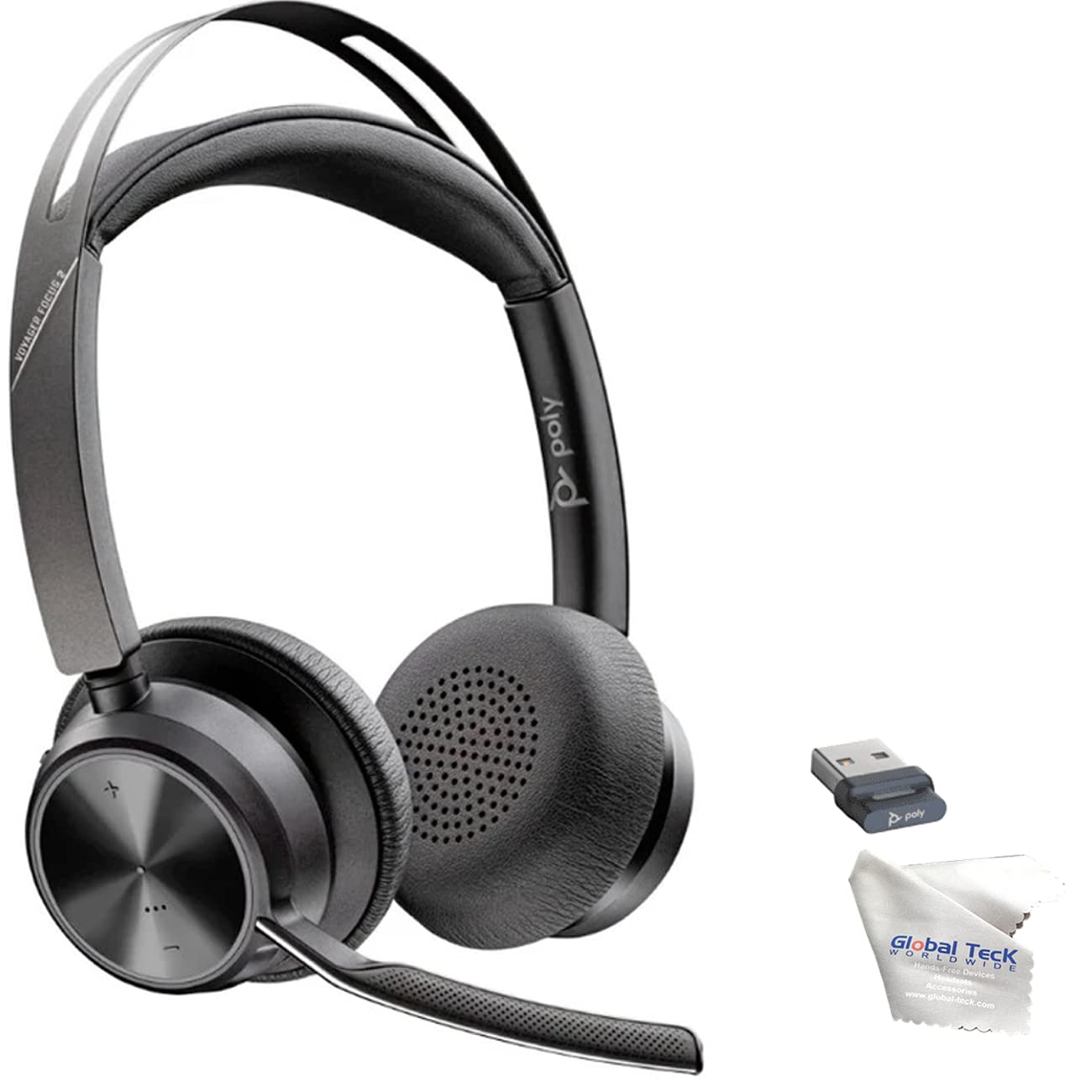 GTW Poly Voyager Focus 2 UC Wireless Bluetooth Headset with Noise Cancelling - USB-A Connectivity for PC, Mac, Desk Phone & Smartphone - Compatible with Microsoft Teams, Zoom, RingCentral, 8x8, Vonage - Includes Bonus Microfiber Cloth - Perfect for Remote Work, Video Conferencing & Call Center Use