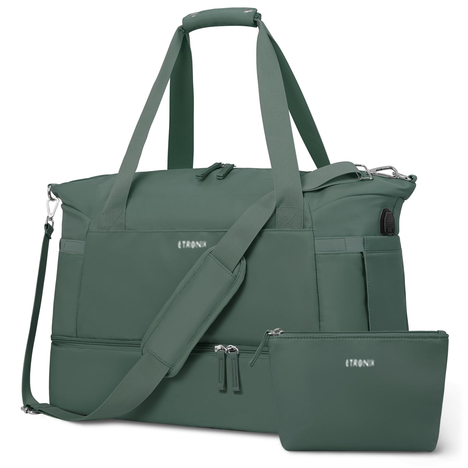 ETRONIK Women's Gym Bag with USB Charging Port - Waterproof Wet Pocket & Shoe Compartment - Durable Travel Duffel & Weekender Overnight Bag for Yoga, Fitness, Workout & Sports - Perfect for Gym, Travel & Weekend Getaways (Dark Green)