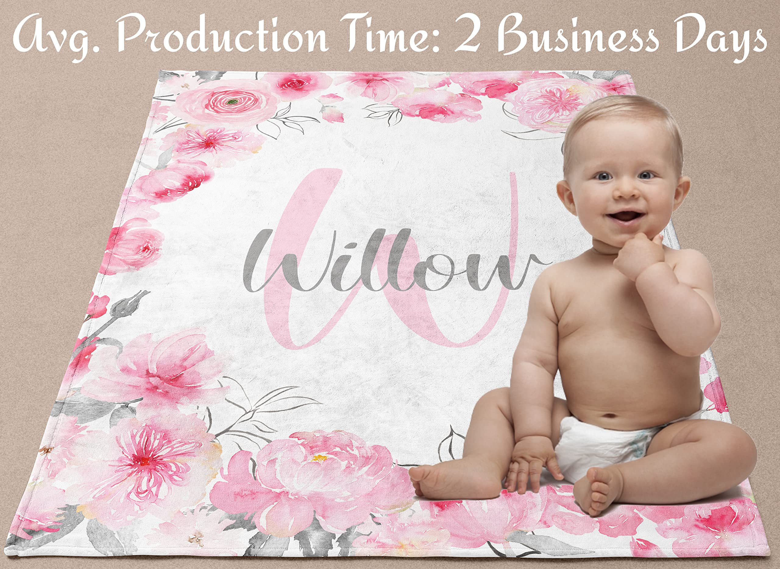 Custom Personalized Baby Blankets for Girls with Name - Pink & Gray Floral Monogram Blanket - Unique Baby Shower Gift for Newborn Girls | Nursery Decor, Christening Present, First Birthday Keepsake