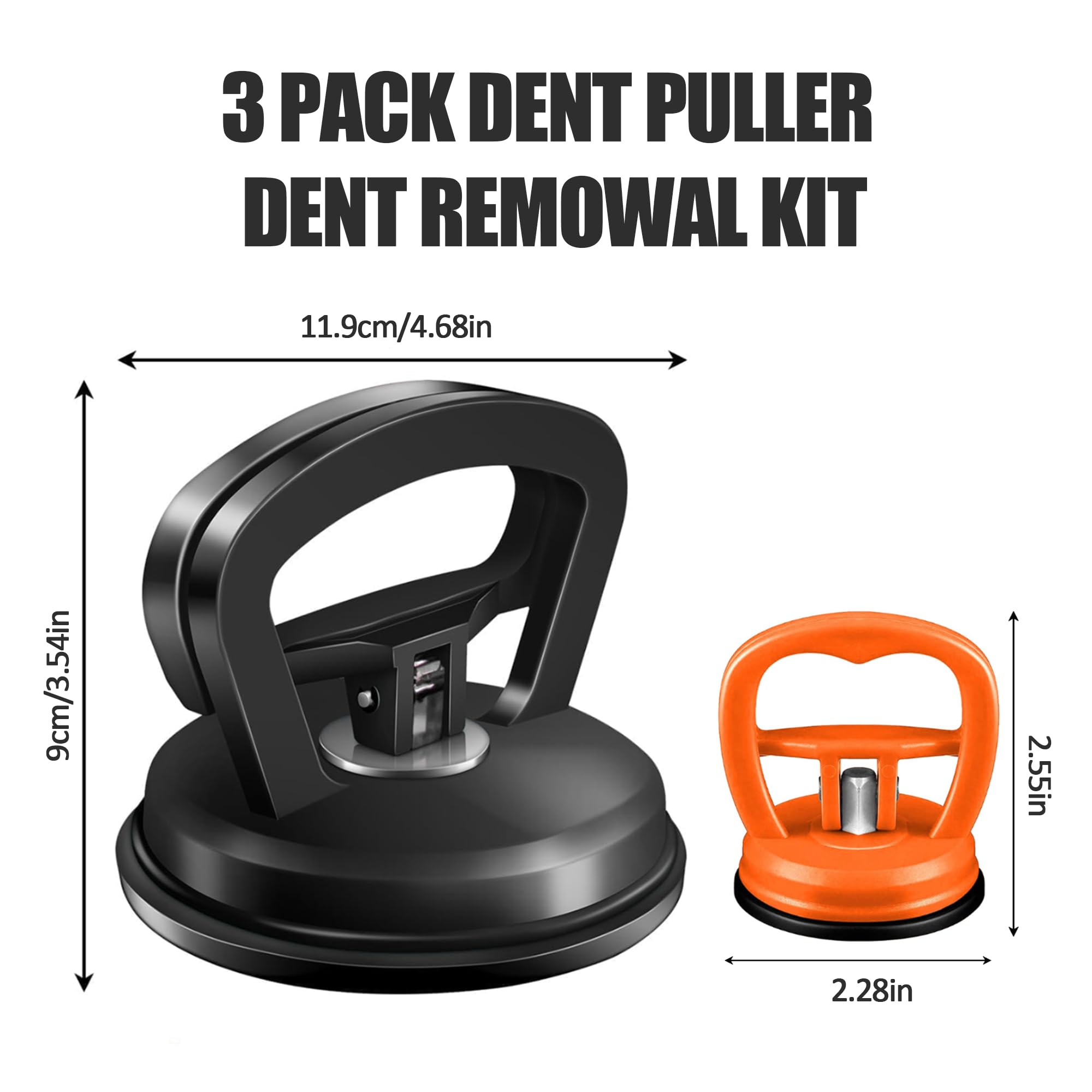 3 Pack Car Dent Puller & Remover Tool - for Auto Glass, Screens, Tiles - Black & Orange
