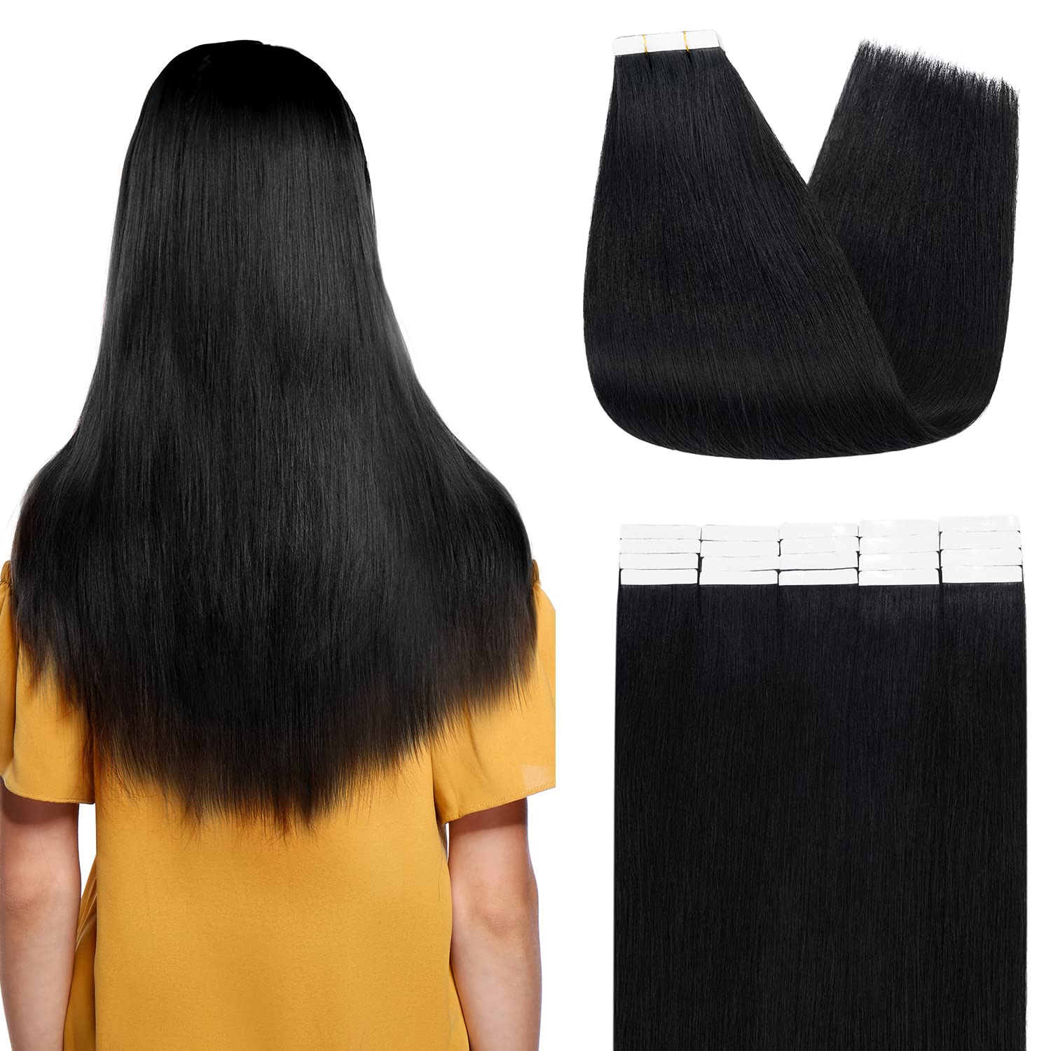 100% Remy Human Hair Tape-In Extensions - 20 Inch, 40 Pieces, 100g, #1 Jet Black | Seamless, Straight, Real Human Hair for Natural Look | Perfect for Daily Wear, Parties & Special Occasions