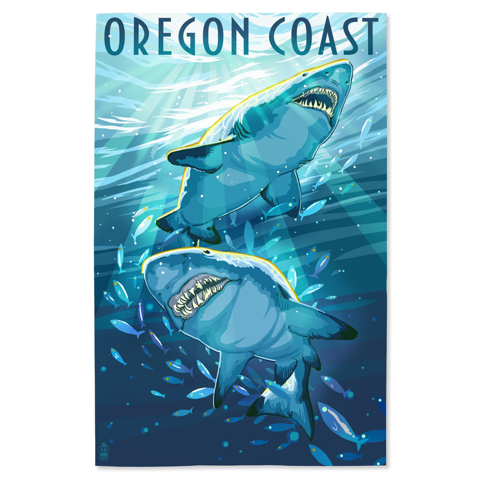 Lantern Press 16x24 Inch Giclee Art Print - Oregon Coast with Great White Sharks Wall Decor - Perfect for Living Room, Bedroom & Office