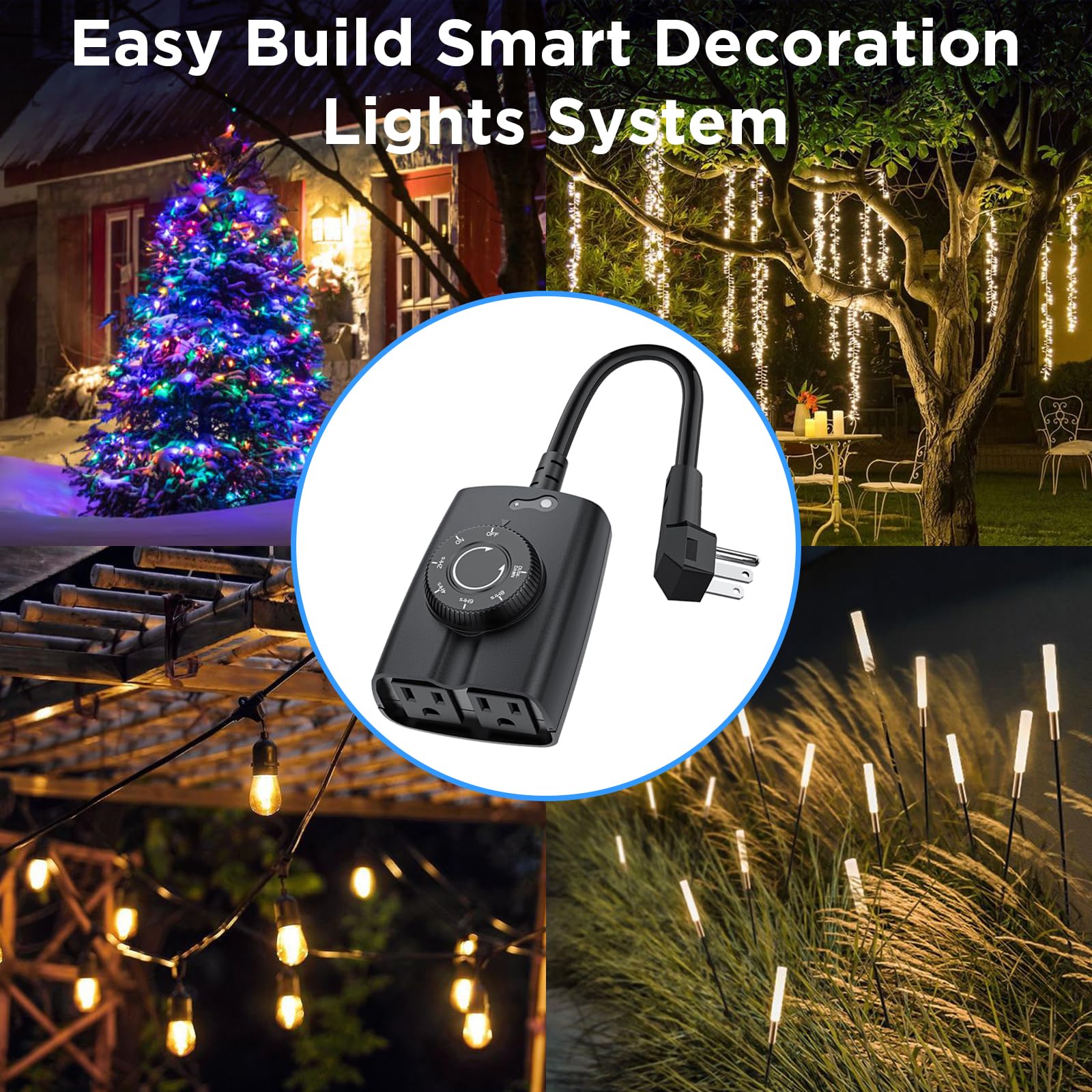 Outdoor Timer Outlet Waterproof with Photocell Sensor - Dusk to Dawn & Countdown Timer for Christmas Lights, 2 Grounded Outlets, 15A 1/2HP, CSA Certified - Perfect for Holiday Decorations, Landscape Lighting & Outdoor Electrical Devices