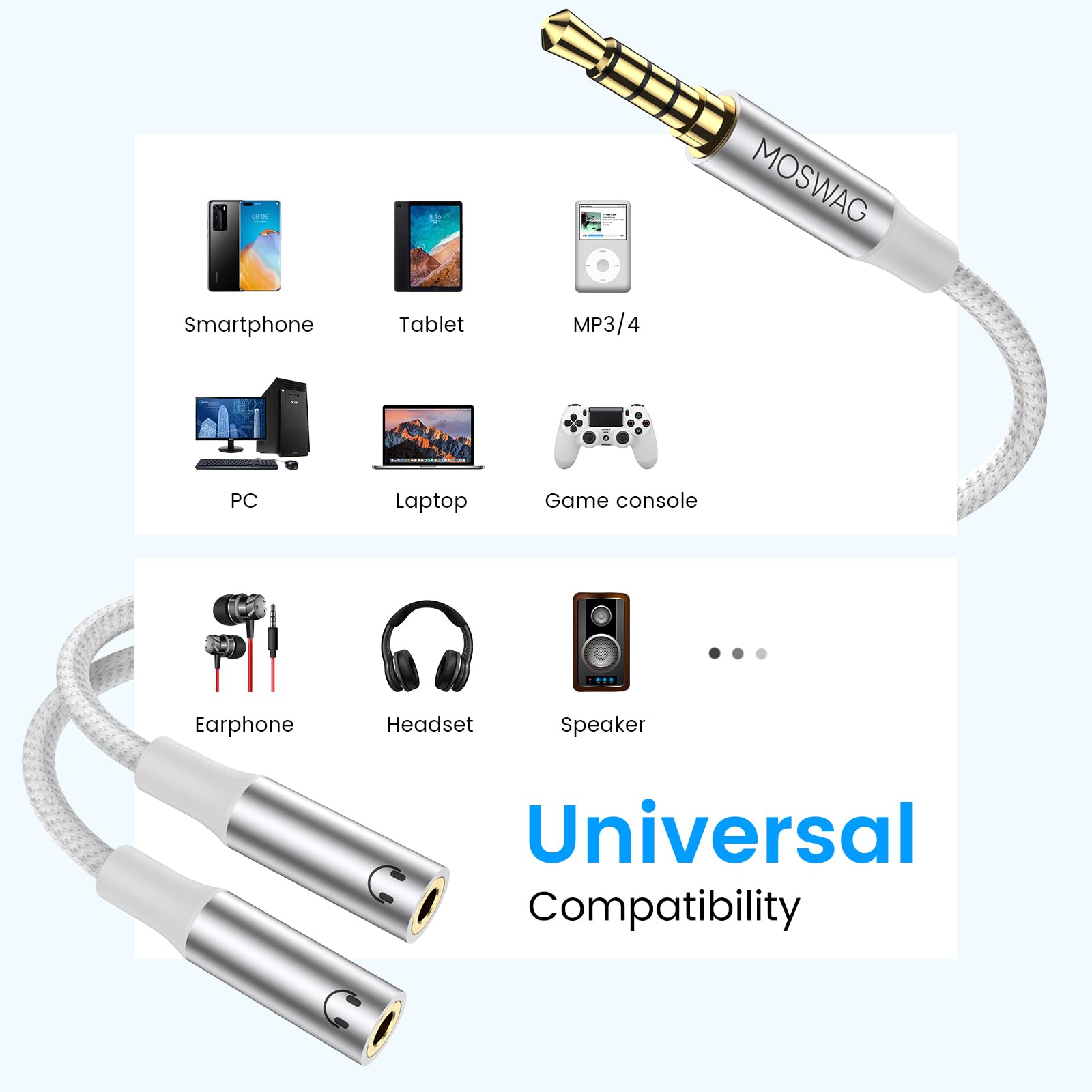 MOSWAG 3.5mm Headphone & Microphone Splitter Cable - Male to Dual Female Audio Y Adapter for iPhone, Samsung, iPad, PC, Gaming & Recording (Compatible with Apple, Android, Tablets) - Perfect for Music Sharing, Podcasting & Online Classes