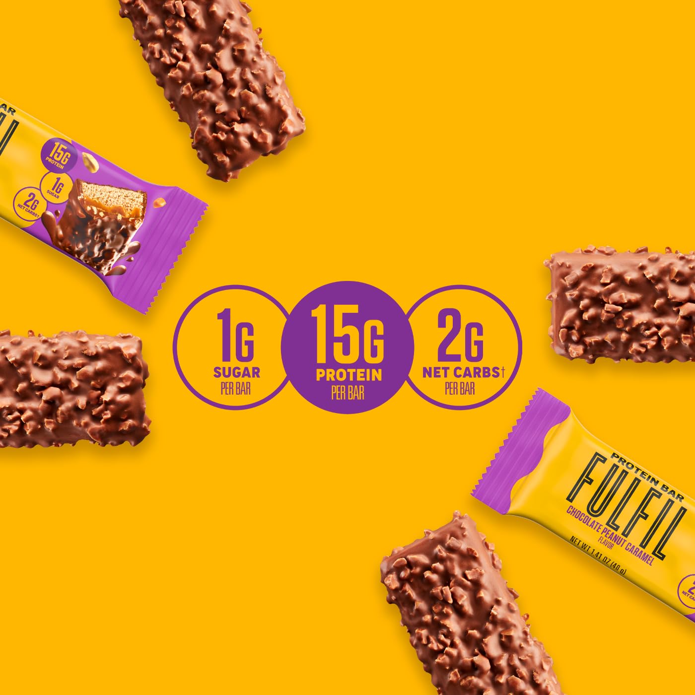 FULFIL High Protein Snack Bars - Chocolate Peanut Caramel Flavor, 15g Protein per Bar, Gluten Free, Keto Friendly (Pack of 12) | Perfect for Workout Recovery, Office Snacks & On-the-Go Energy Boost