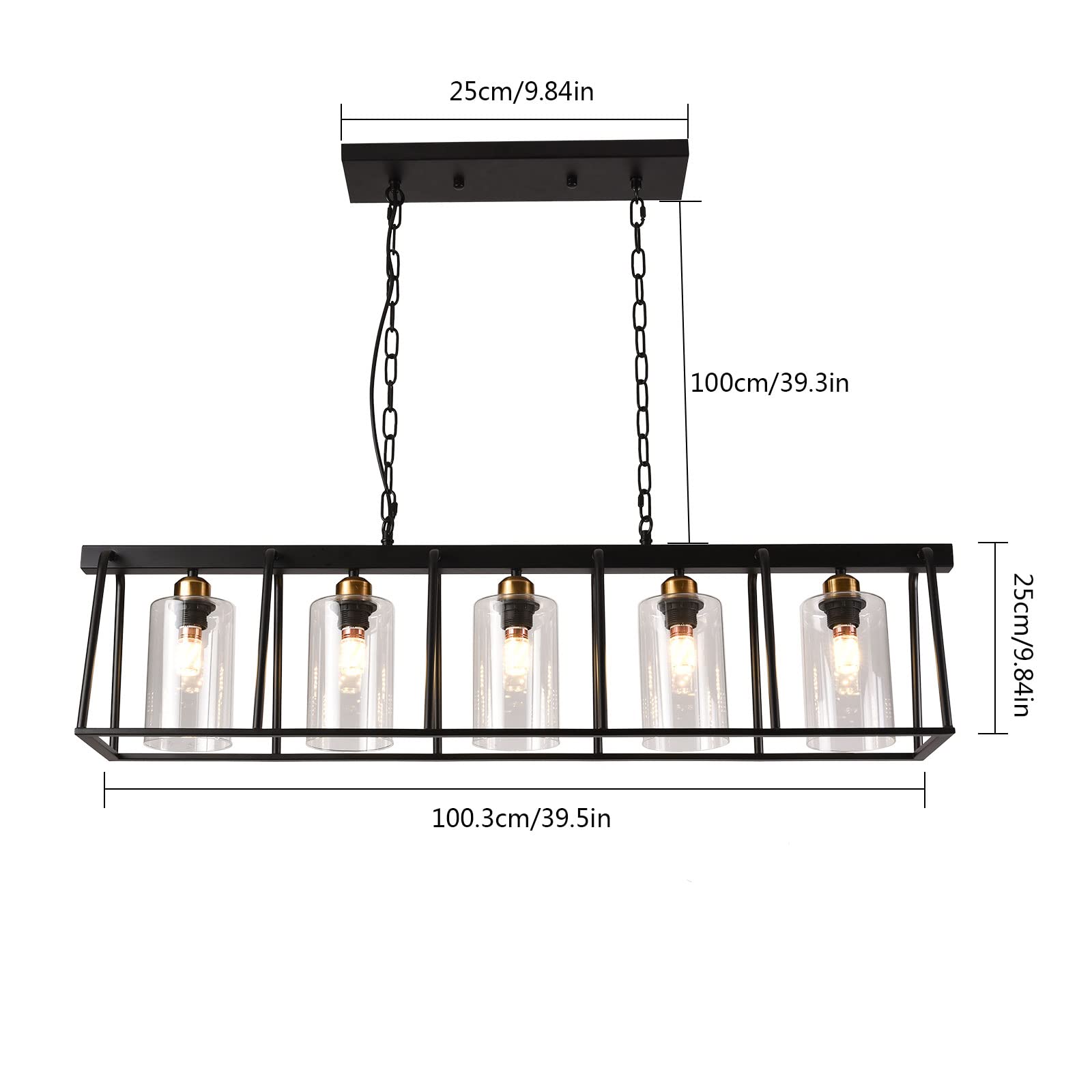 Modern 5-Light Rectangle Chandelier with Clear Glass Shades - Adjustable Rustic Pendant Lighting for Dining Room, Kitchen, Bedroom, Living Room, Foyer & Hallway - Perfect for Farmhouse, Industrial & Contemporary Home Decor