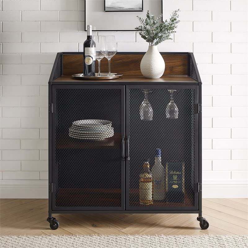 Walker Edison Malcomb Urban Industrial Metal Mesh Double Door Rolling Bar Cabinet, 33 Inch, Dark Walnut - Stylish Home Bar Storage for Wine, Liquor & Glassware - Perfect for Living Room, Man Cave or Entertainment Spaces