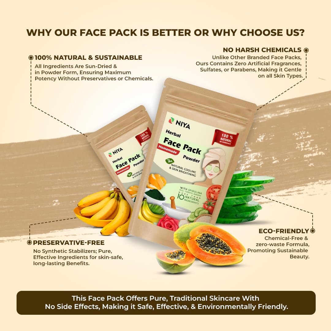 Niya Natural Rice Face Pack with Banana, Spirulina & Multani Mitti - 100g Pure Natural Herbal Facial Mask for Glowing Skin | Detox & Brightening Treatment for Daily Skincare Routine