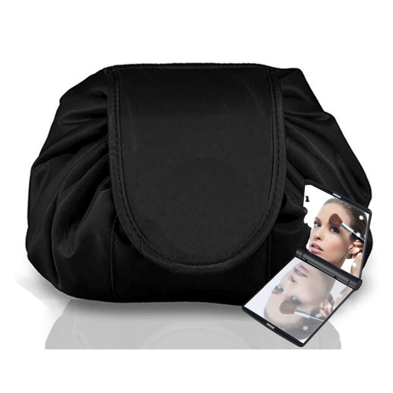 GLAMZA Drawstring Makeup Bag - Convertible Flat to Structured Travel Cosmetic Pouch with LED Mirror | Black Makeup Organizer for Women & Girls | Perfect for Travel, Gym & Daily Beauty Storage