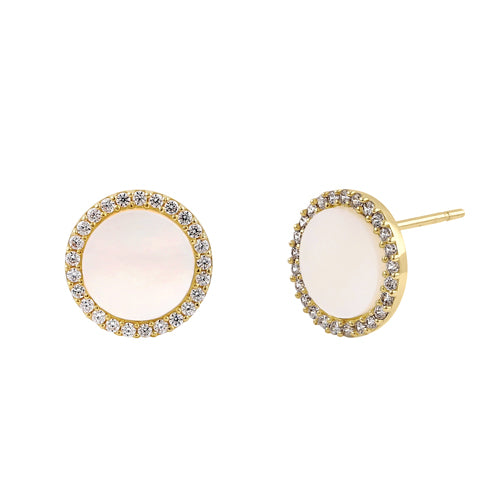 14K Yellow Gold Round Mother of Pearl and Cubic Zirconia Stud Earrings for Women - Elegant Pearl Jewelry Gift for Wedding, Anniversary & Special Occasions