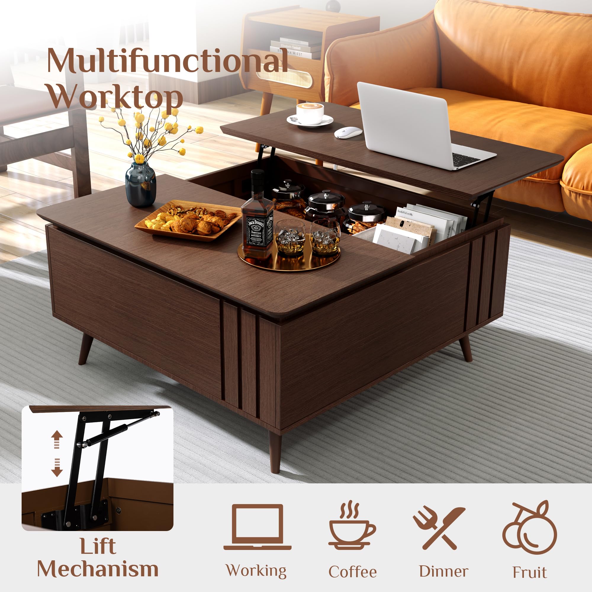 Lift Top Coffee Table with Storage, Mid Century Modern Square, Dark Walnut, Ideal for Living Room, Home Office, and Dining, Functional and Stylish