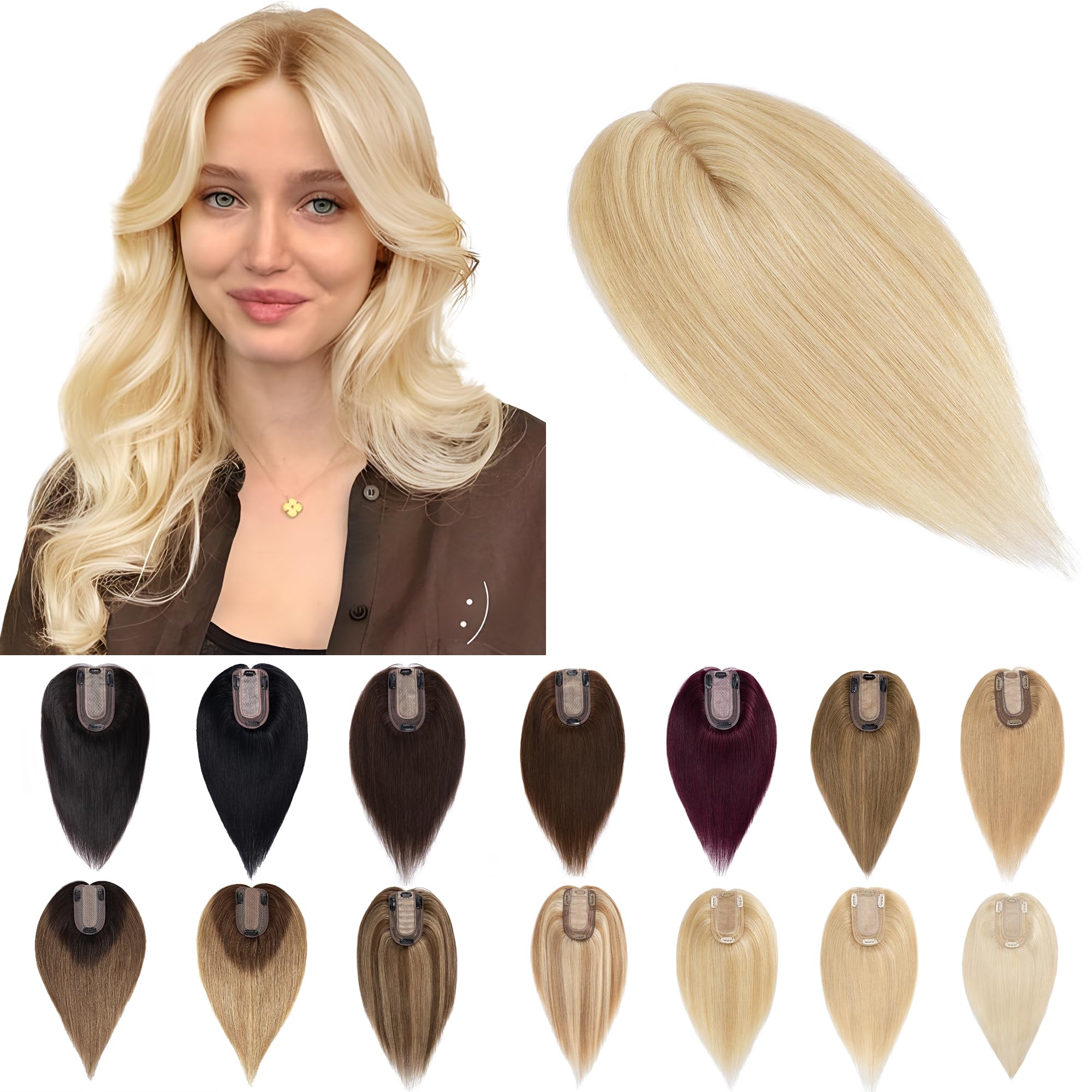 SEGO 100% Real Human Hair Toppers for Women - 7x13cm Silk Base Clip-in Top Wiglet for Thinning Hair (10 Inch, No Bangs, Ash Blonde & Bleach Blonde) - Perfect for Daily Wear, Parties & Special Occasions