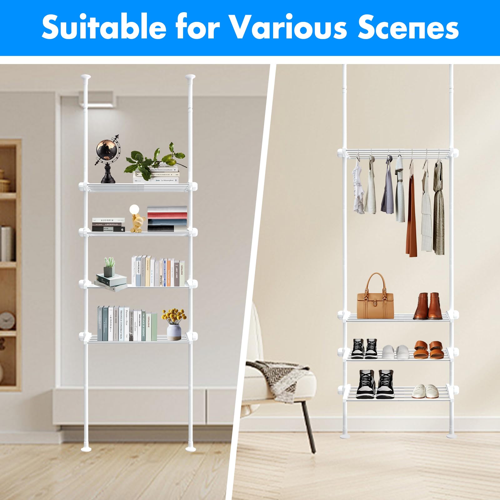 Adjustable Over The Toilet Storage Shelf - 91-124 Inch 4-Tier Bathroom Organizer Rack | Stainless Steel Space Saver for Small Bathrooms | Perfect for Towels, Toiletries & Bathroom Essentials (White)