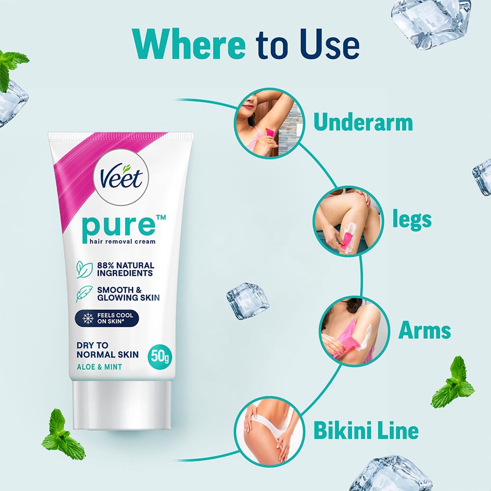 Veet Pure Hair Removal Cream for Women - 50g | Gentle Formula for Dry to Normal Skin | Safe for Legs, Underarms, Bikini Line & Arms | At-Home Hair Removal Solution for Smooth Skin