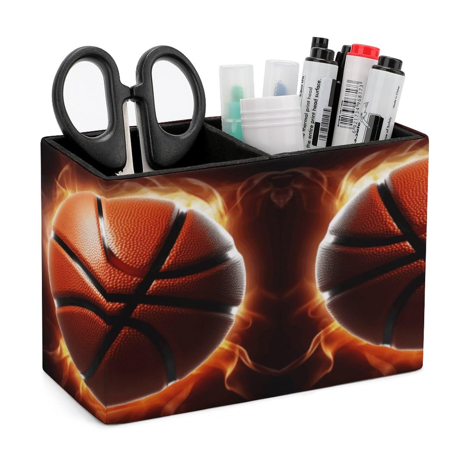 YJWANDO Leather Pen Holder with Basketball On Fire Print - Premium Office Desk Organizer & Pen Cup for Pencils, Pens & Markers - Perfect Desk Accessory for Home, Office or School Organization