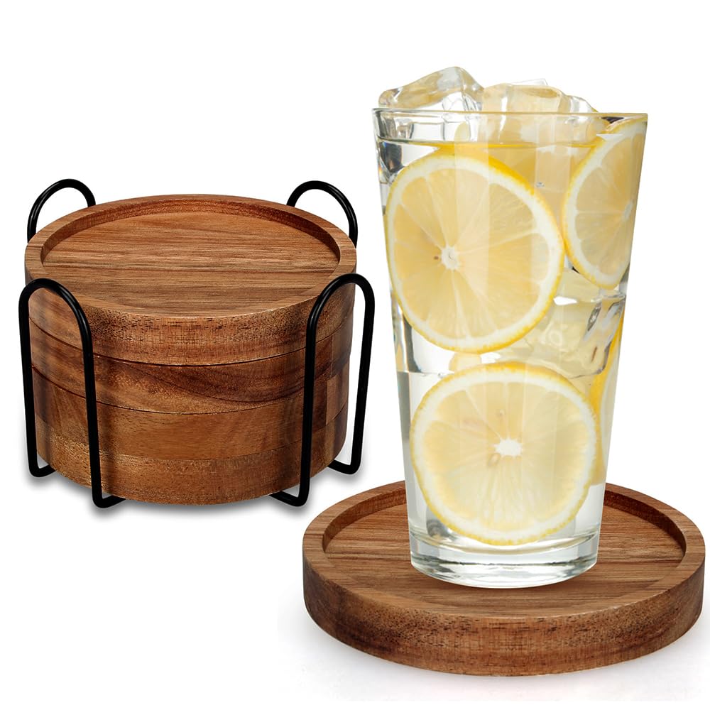 4 Pcs Farmhouse Wooden Coasters with Holder - Rustic Drink Coaster Set for Beer, Coffee & Wine - Home Decor for Kitchen, Dining Table, Bar & Outdoor Use - Perfect Gift Idea for Housewarming & Parties