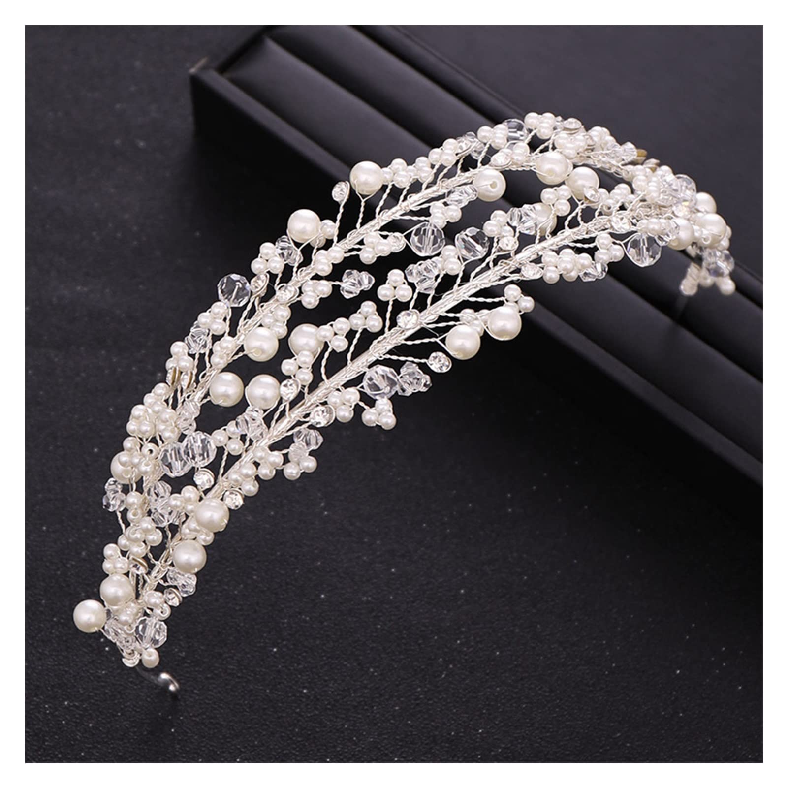 Trendy White Pearl Crystal Bridal Hair Accessories - Wedding Crown Headband & Hair Band for Brides, Handmade Lasting Silver Headdress | Perfect for Weddings, Prom, and Formal Events