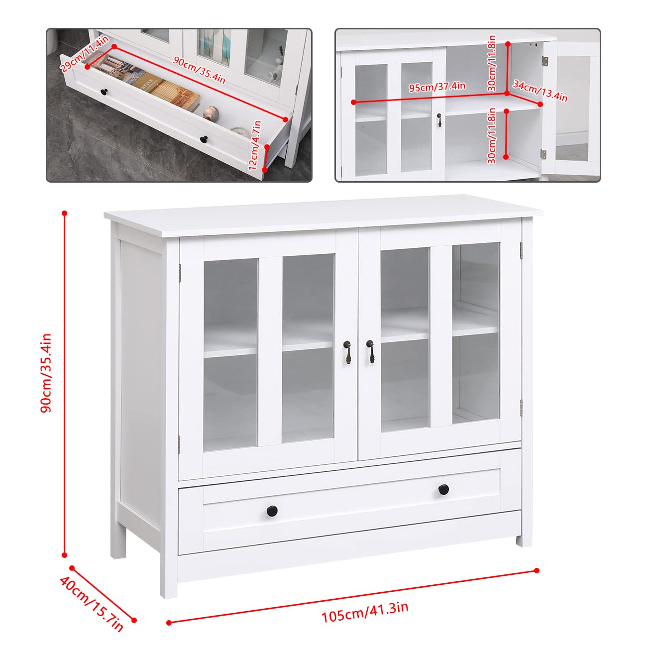 White Buffet Cabinet with Glass Doors & Drawers - Large Storage Sideboard for Dining Room, Living Room & Entryway - Wooden Credenza Console Table with Shelves - Perfect for Kitchen Storage, Pantry Organization & Home Decor Display
