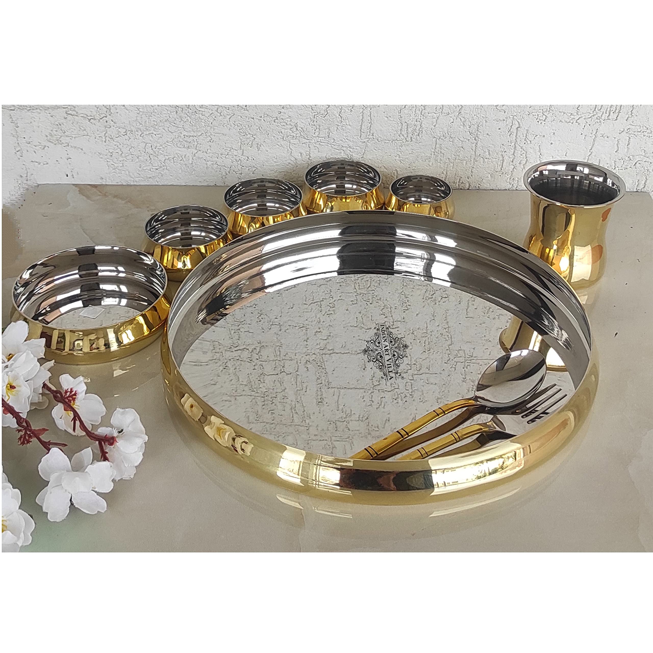 Indian Art Villa Stainless Steel & Brass 9-Piece Dinner Set - Includes 1 Plate, 1 Pudding Plate, 1 Small Bowl, 3 Medium Bowls, 1 Spoon, 1 Fork & 1 Tumbler - Elegant Tableware for Indian Cuisine, Dinner Parties & Home Decor