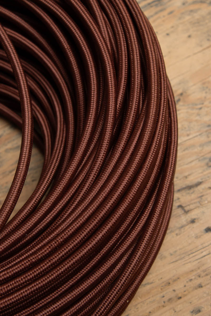 Copper Brown Braided Light Cord - 3 Core Insulated Electrical Cable for Lamps, Chandeliers & Home Lighting Fixtures