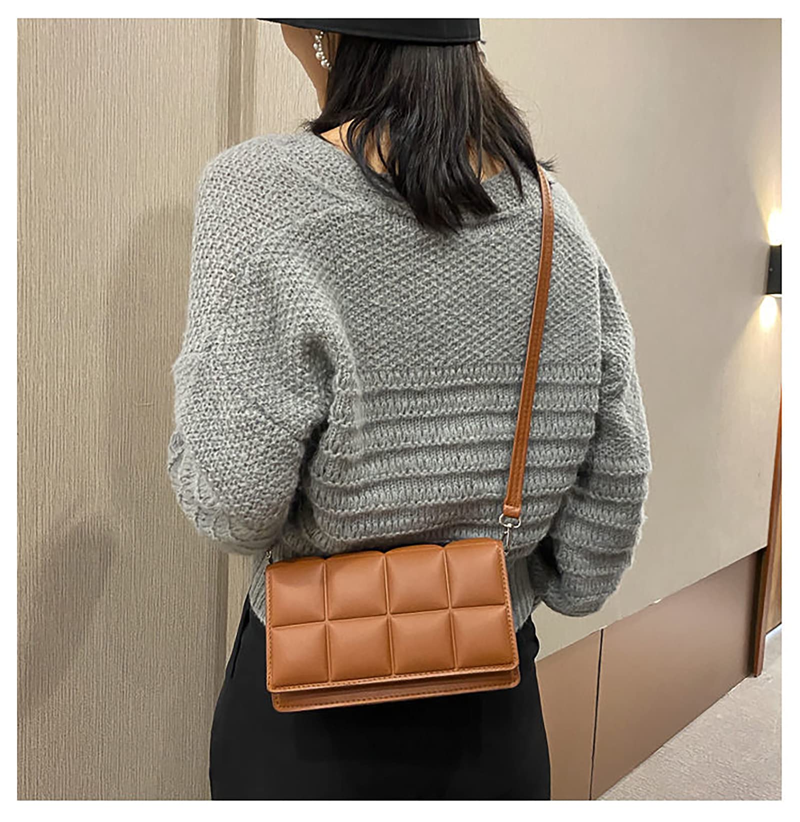 Women's Small Quilted Crossbody Bag - PU Leather Solid Color Shoulder Purse with Wallet - Fashion Square Handbag for Daily Use, Shopping & Travel