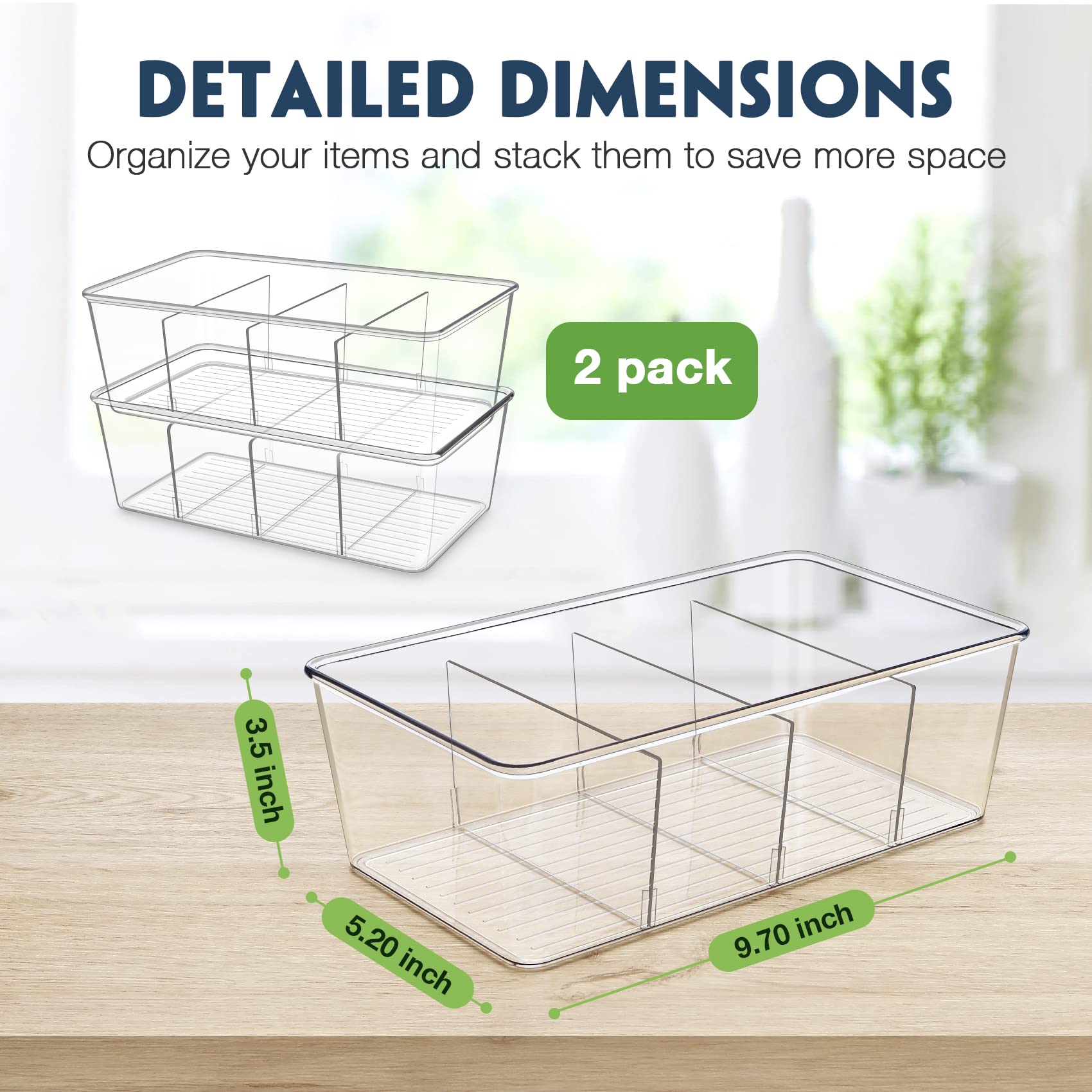 Batoto Clear Refrigerator Organizer Bins with Dividers – 2 Pack for Kitchen Pantry Storage, Perfect for Fridge, Freezer, and Cabinet Organization