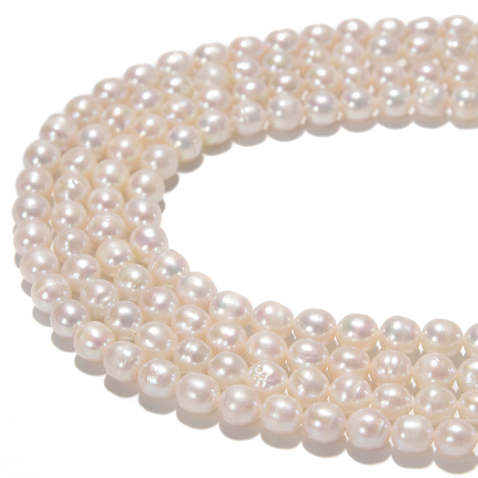 Premium Grade AB White Freshwater Akoya Pearl Beads - 7-8mm Off-Round Size, 15.5