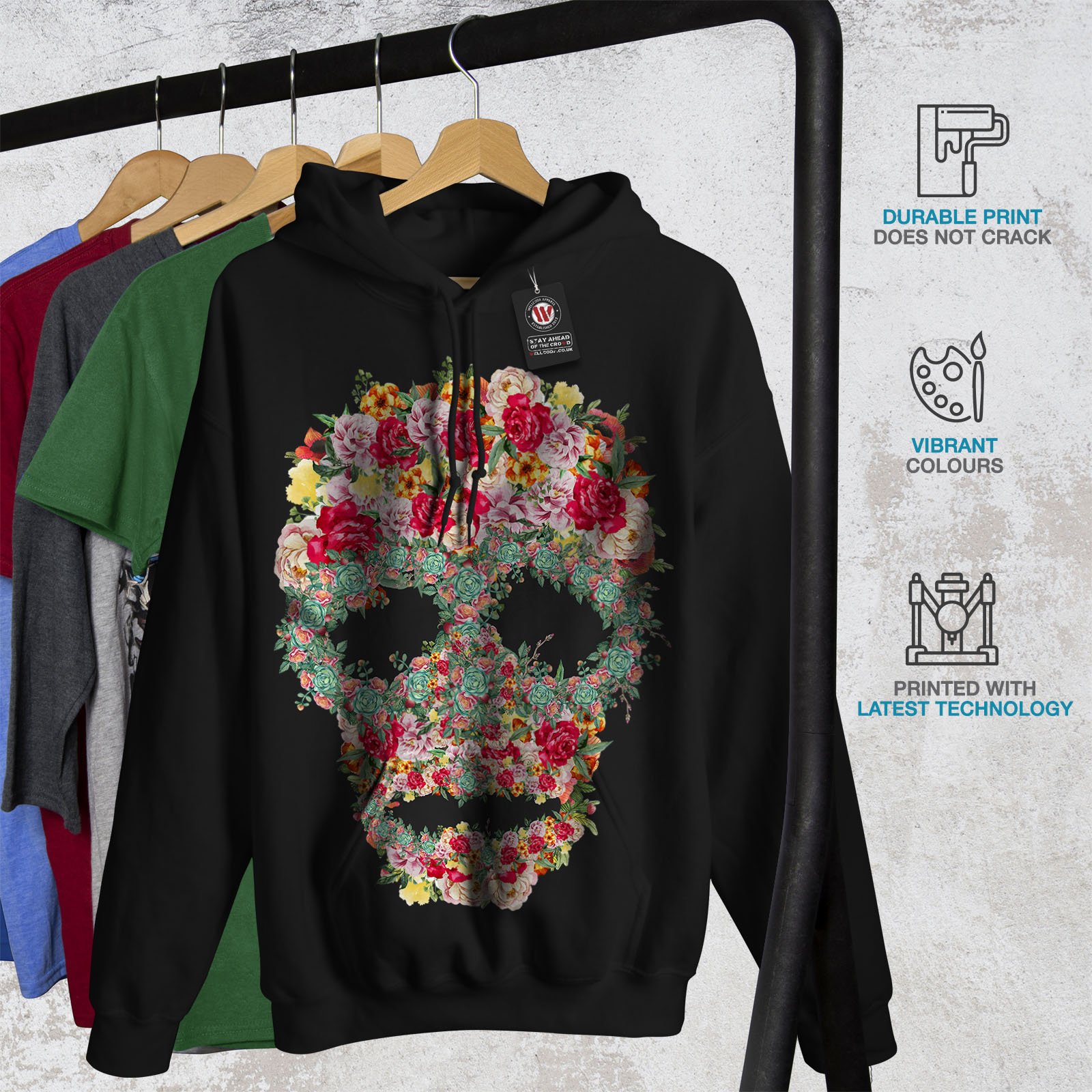 Wellcoda Skull Rose Flower Men's Hoodie - Gothic Streetwear Pullover Hooded Sweatshirt for Casual Wear & Halloween Costume